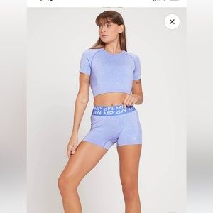 My Protein crop top, sports bra, and shorts chalk purple